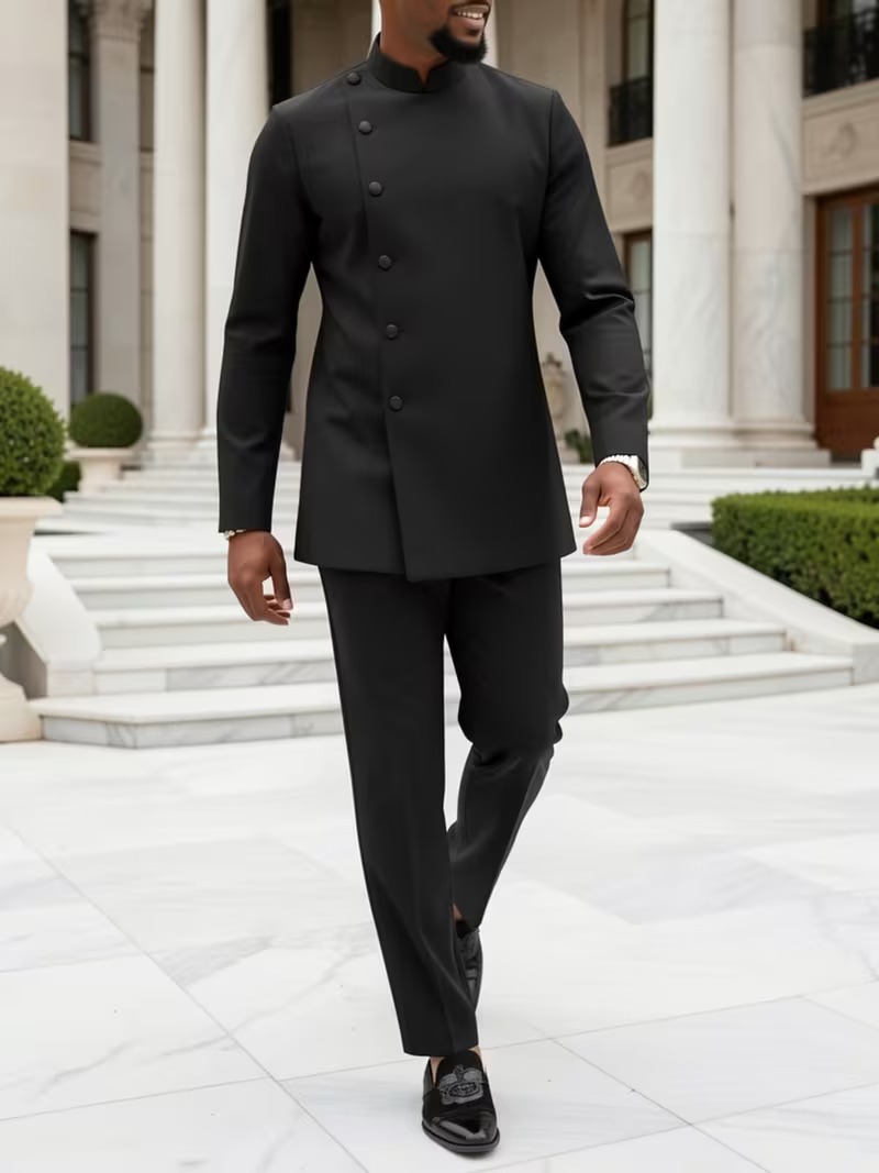 Men’s Black Mandarin Collar Formal 2-Piece Set